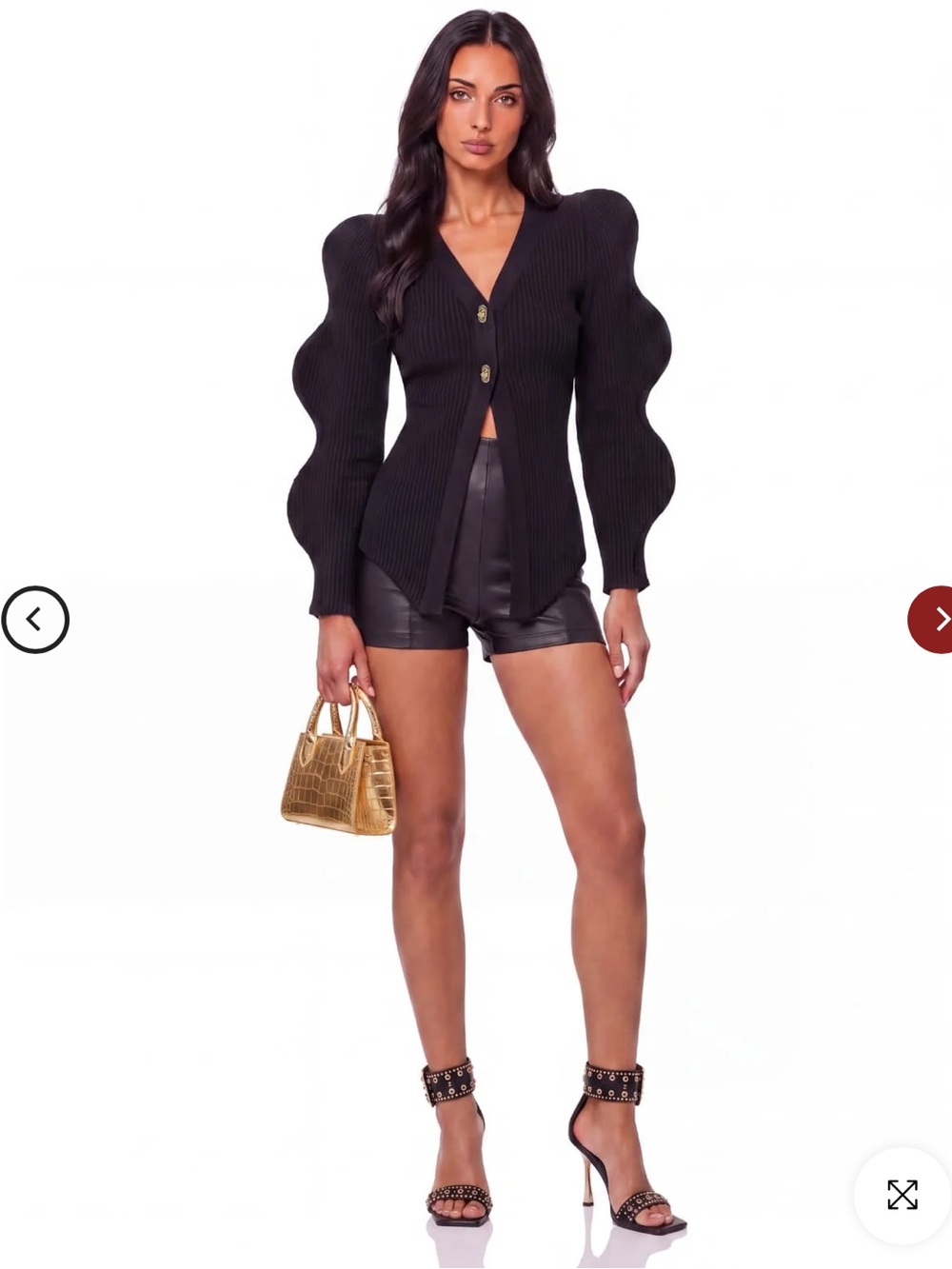 Black Rib-Knit Puff-Sleeve Button Cardigan - Picture 2 of 11
